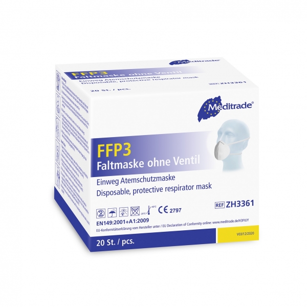 20 FFP3 NR Masken ohne Ventil Feinstaubmaske Atemschutzmaske CE2797 Meditrade